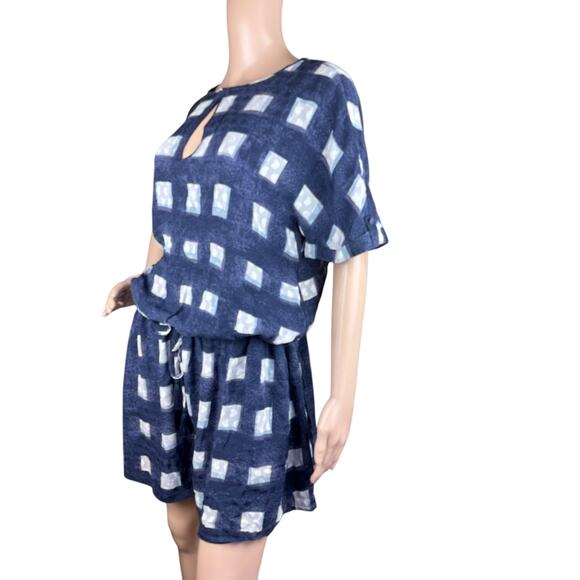 Tory Burch Erica Antibes Blue Poplin Square Silk Drop Waist Blouson Mini Dress L - Picture 4 of 11